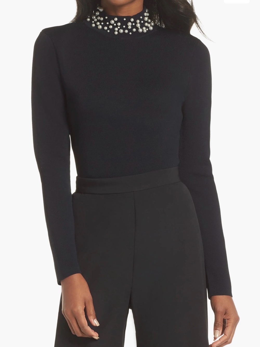 Eliza J Black Mock Neck Long Sleeve Top with Pearl Collar Embellishment